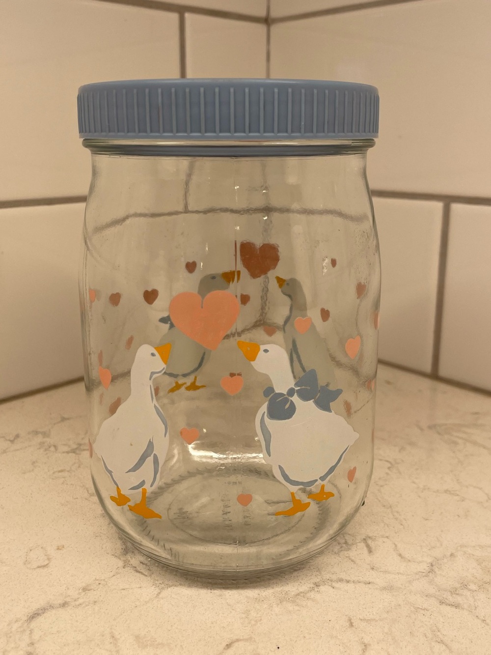 Country Goose Glass Jar with Blue Lid and Pink Hearts